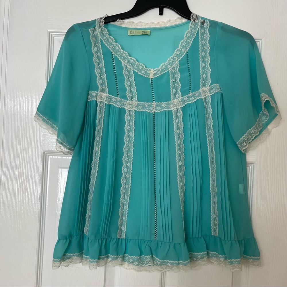 Teal Blouse with White Lace and Ruffle Detail